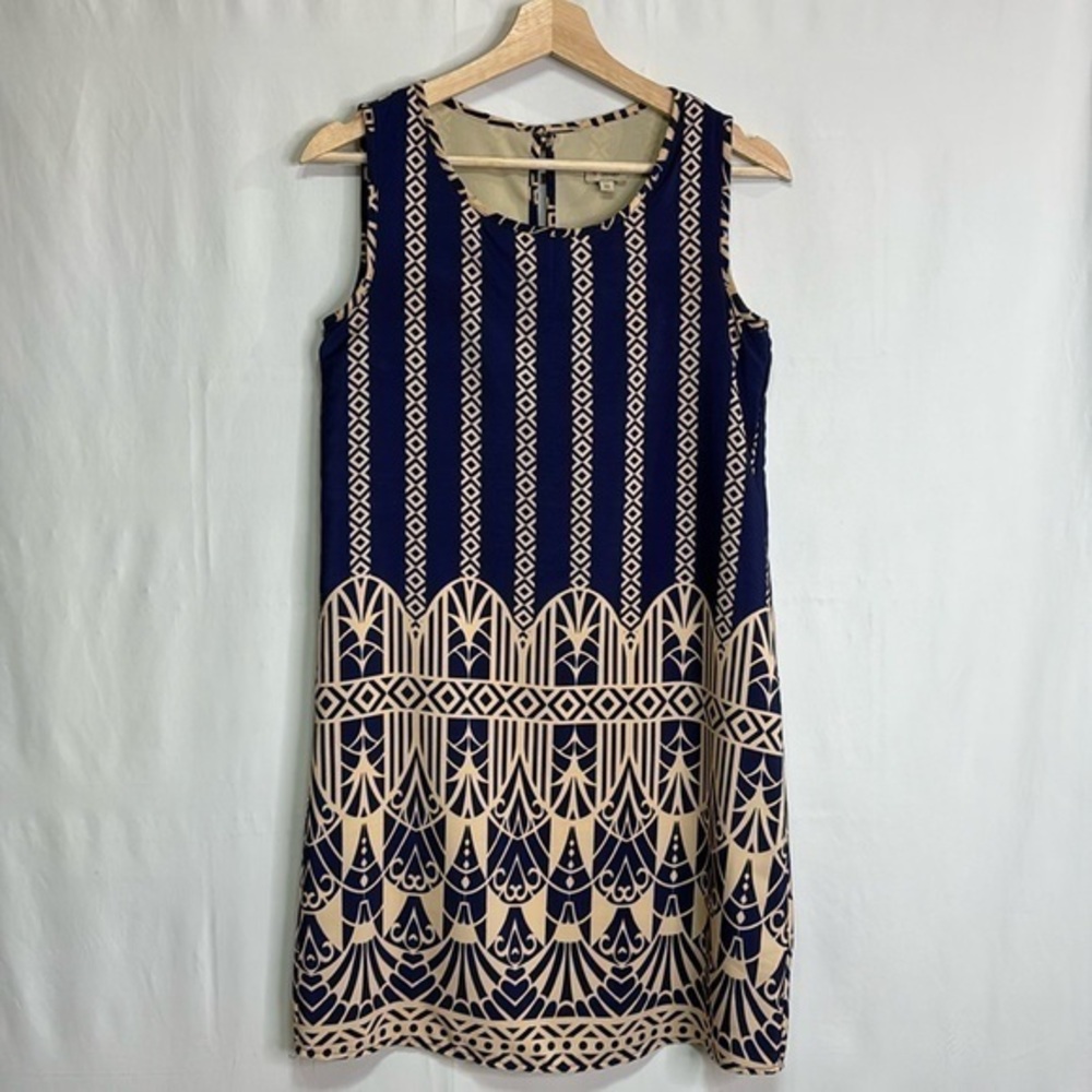 🧮 Cremieux blue and tan sheath dress sleeveless with geometric pattern